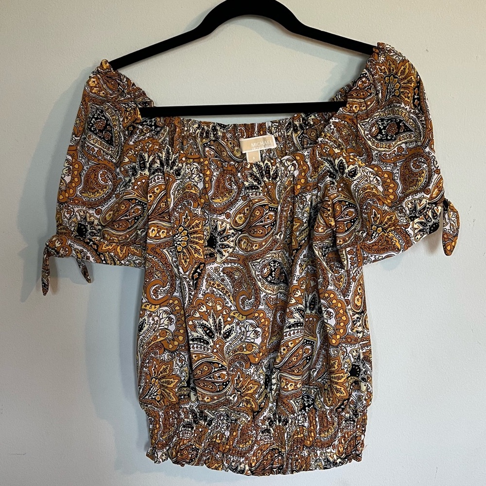 Micheal Kors , off the shoulder top with tie sleeves and elastic waist